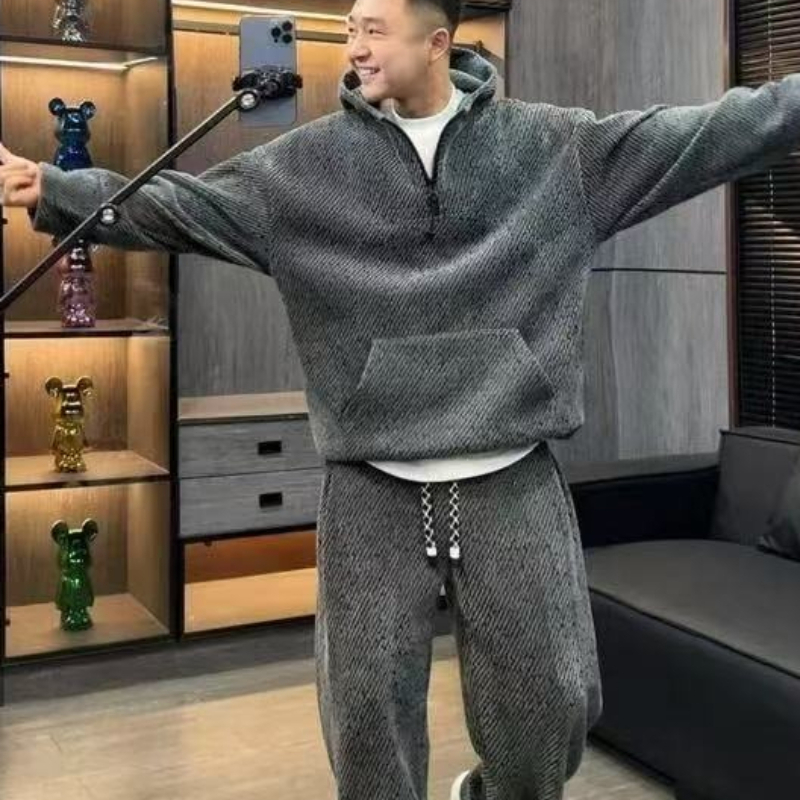 Mens Fashion Casual Outfits - Men Striped Hoodie Set Thick Fleece