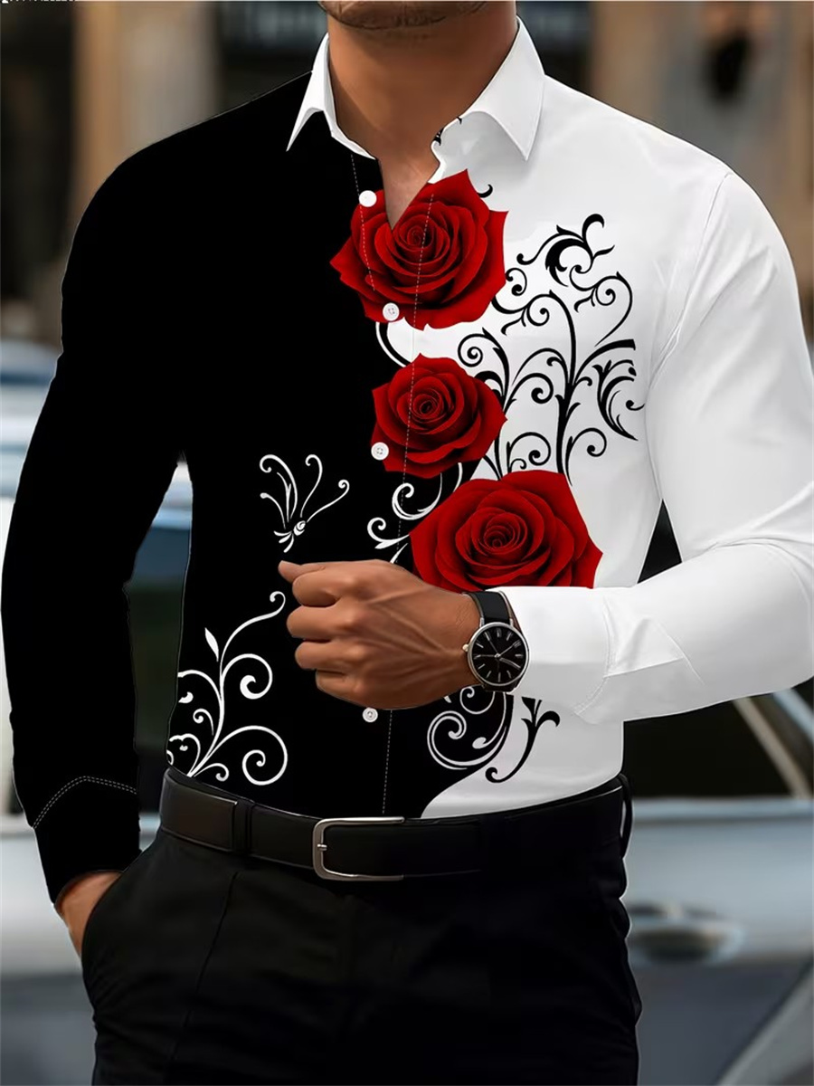 Men's Red Rose Print Long-Slee - Mens Fashion Casual Outfits 评论和价格