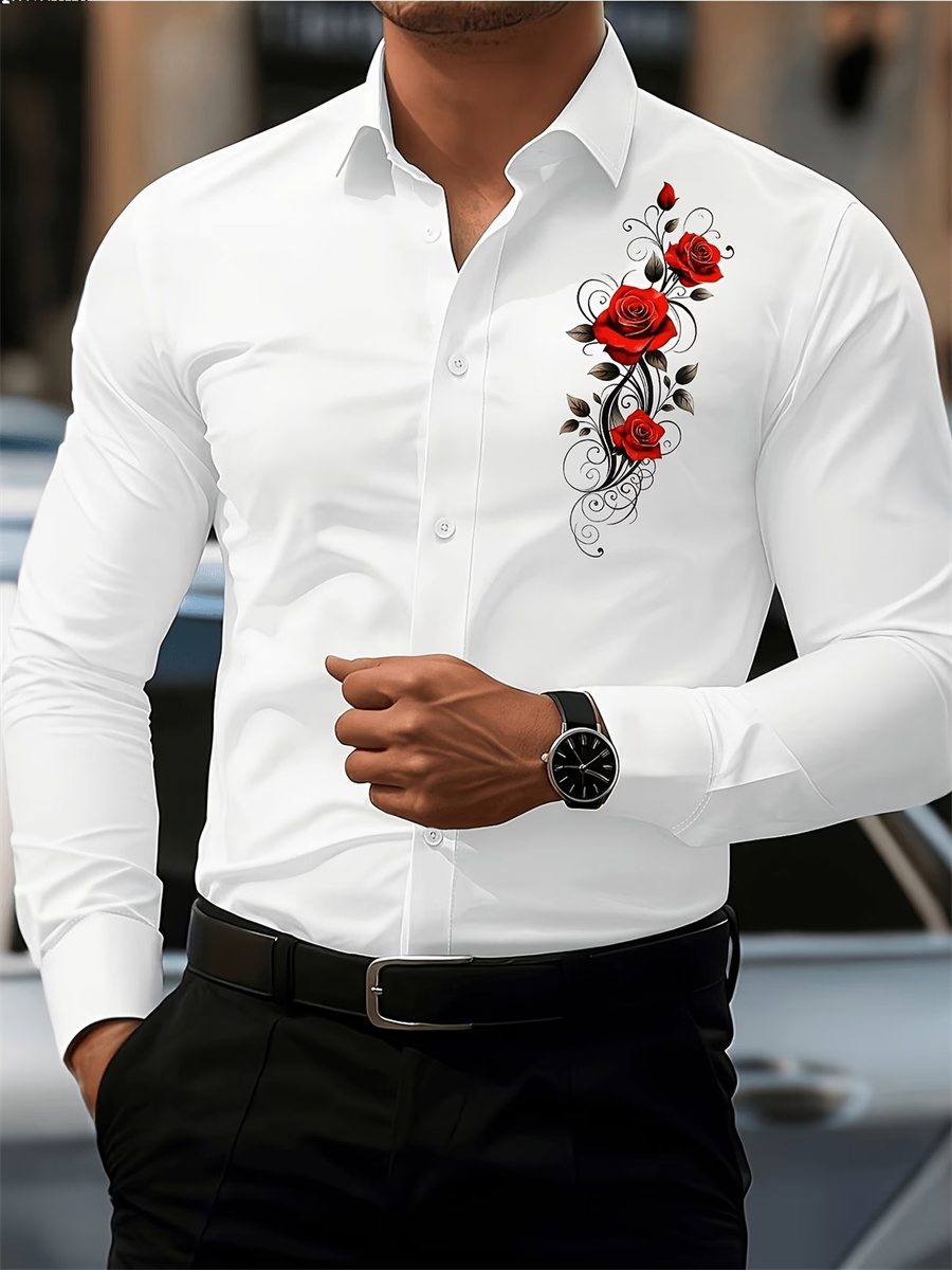 Men's Red Rose Print Long-Slee - Mens Fashion Casual Outfits 评论和价格