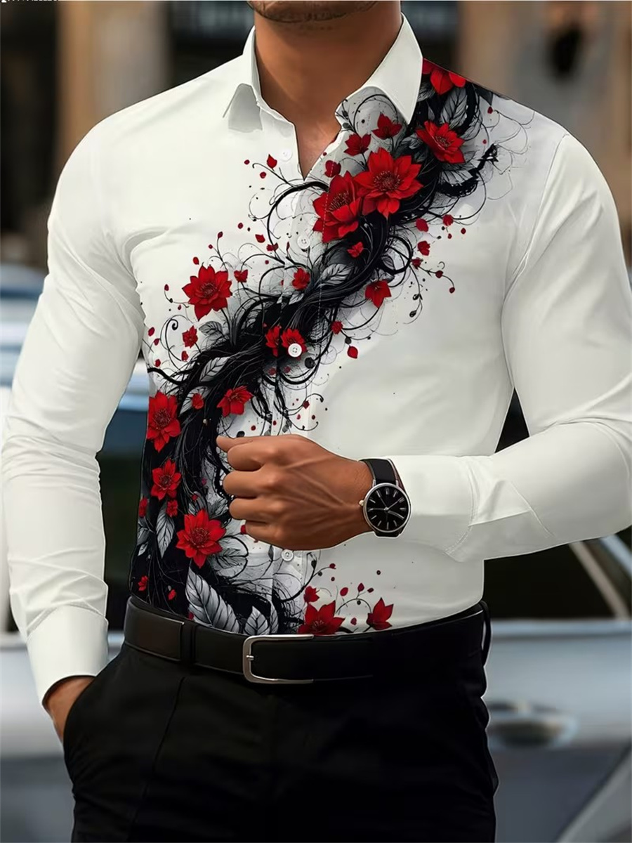 Men's Red Rose Print Long-Slee - Mens Fashion Casual Outfits 评论和价格